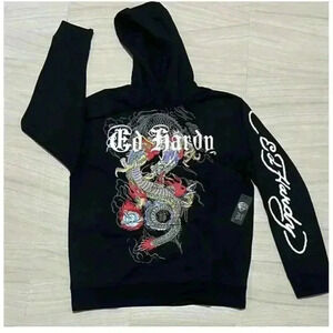 NEW Ed Hardy Black Pullover Hoodie Dragon Serpent Tattoo Design Mens LargeNWT